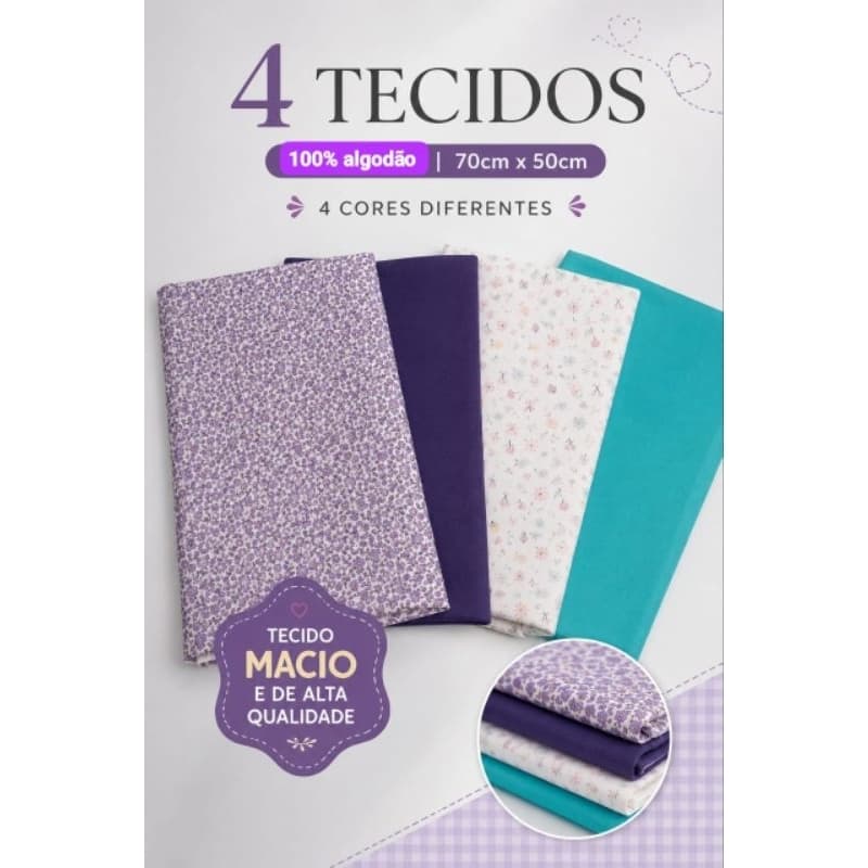 Kit 4 Tecidos Tricoline 100% Algodão 50x70cm Patchwork Artesanato Costura Quilt