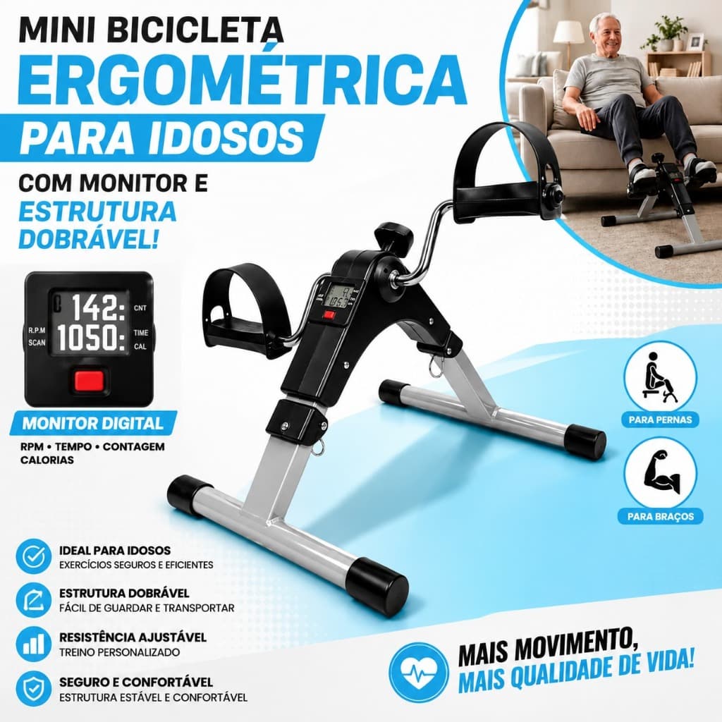 Mini Bicicleta Ergométrica para Idosos com Monitor e Estrutura Dobrável