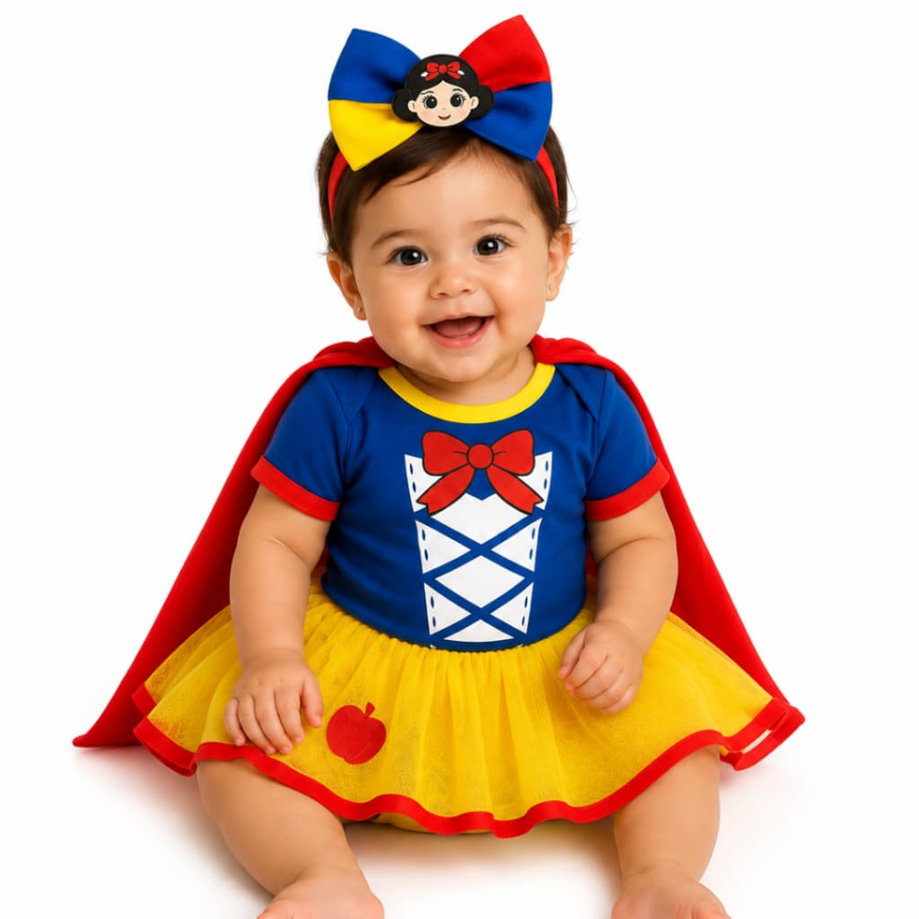 Body bebe Infantil Menina Fantasia Princesa Branca de Neve Temático Mêsversario
