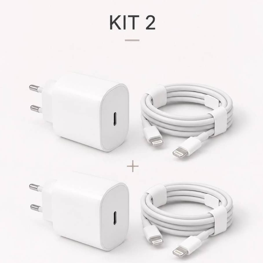 KIT 2 Carregador Turbo iPhone Android 20W Kit Completo com Cabo Rápido USB-C