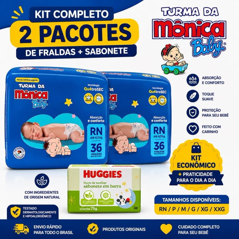 Kit Fralda Infantil Turma da Mônica - 2 Pacotes Descartáveis + Sabonete - Promoção P, M, G, XG