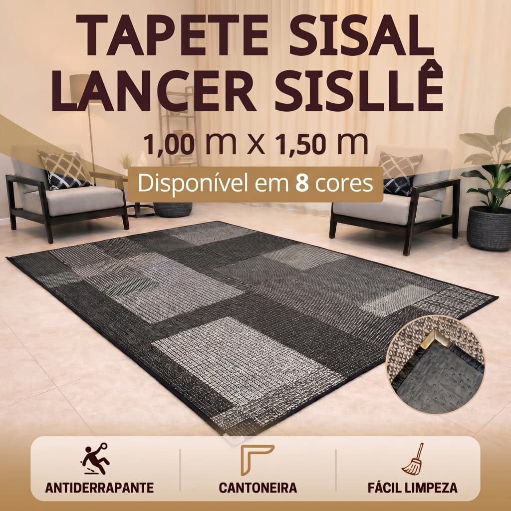 Tapete Sala 1,50 x 1,00m Sisal Antiderrapante Cantoneira Aço Cromado Durável Quarto Escritório Salão