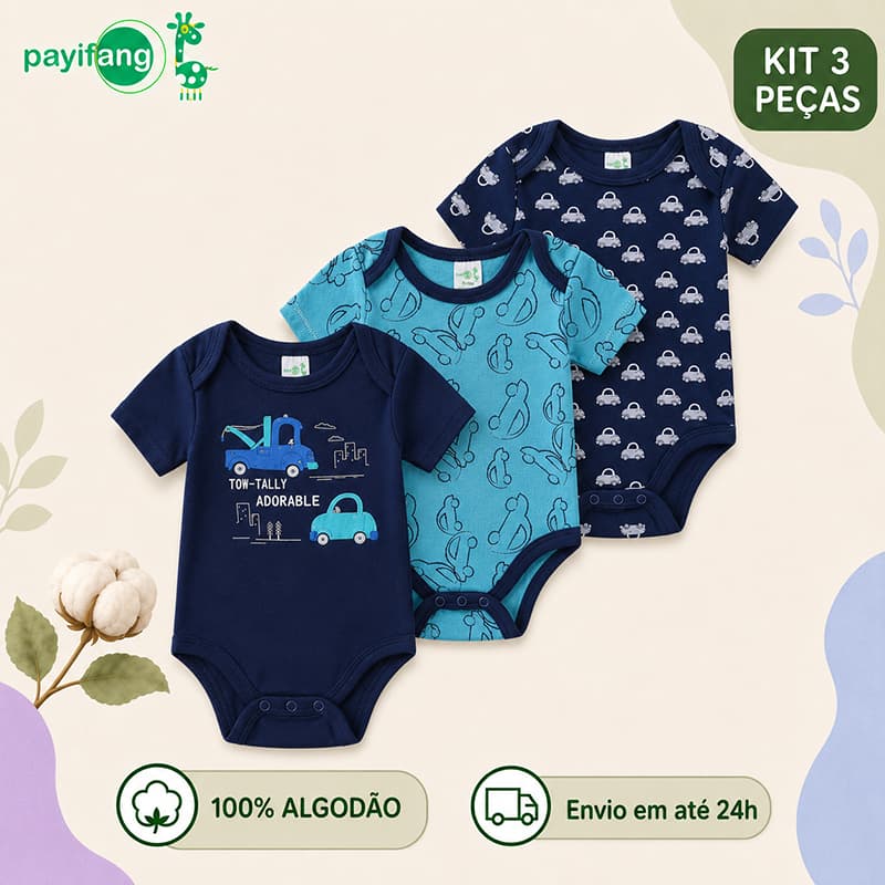 Kit Body Bebê 3 Peças Payifang Carrinhos Azul Manga Curta Algodão Macio Enxoval Infantil