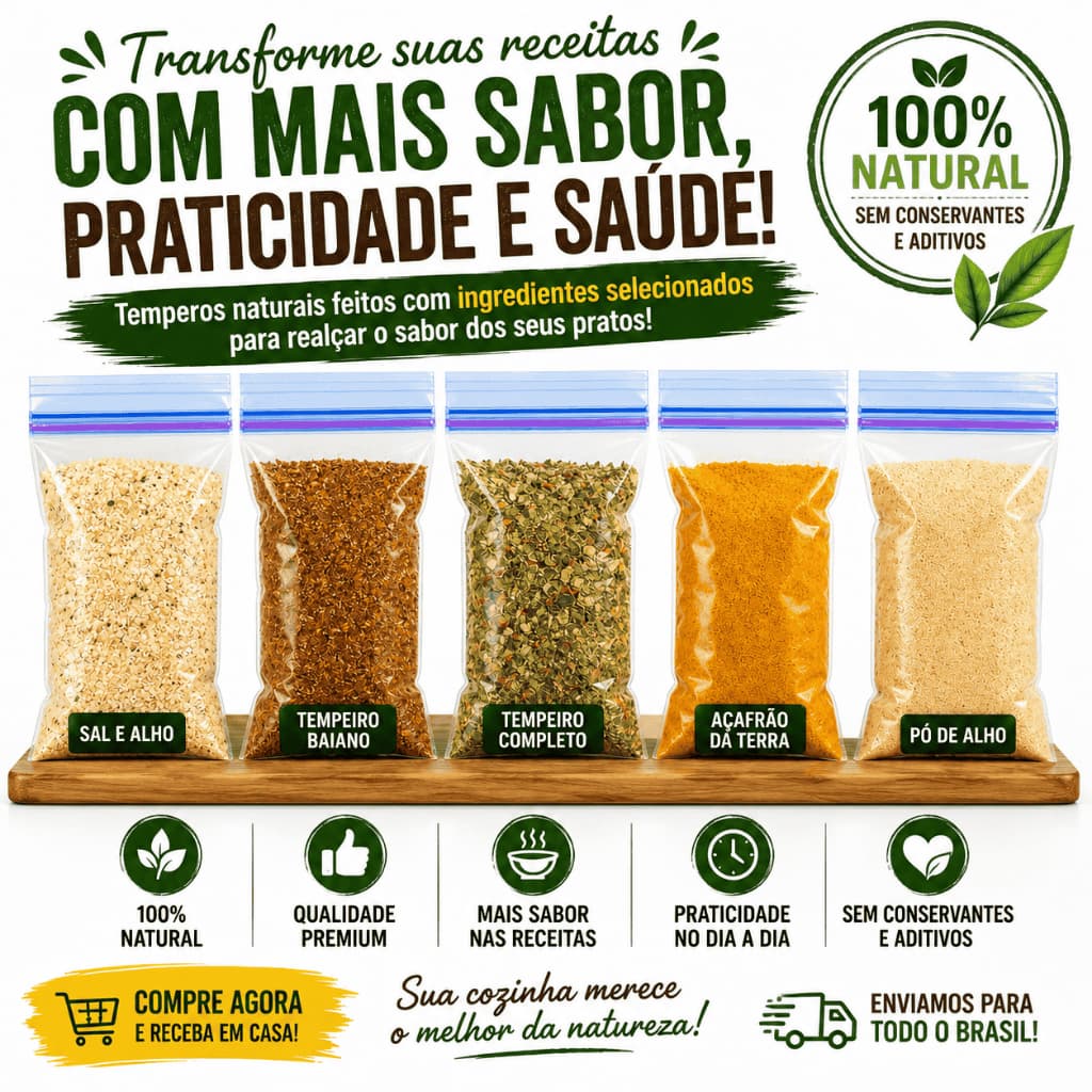 KIT DE TEMPEROS NATURAIS  Alho e Sal + Tempero Baiano + Tempero Completo + Açafrão da Terra + Alho em Pó