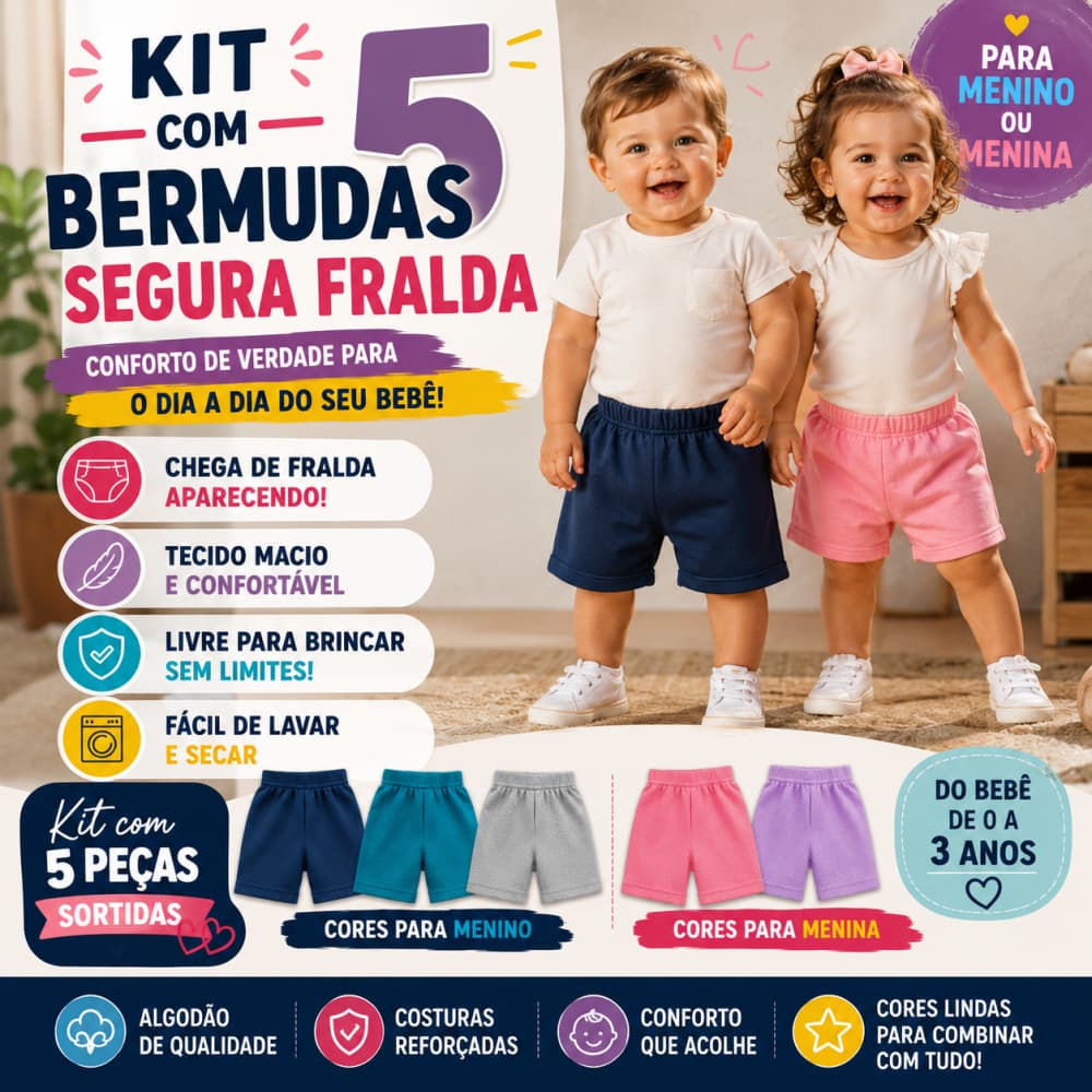 Kit 5 Short Bebê Menina Menino Moletom Segura Fraldas Tecido Premium Algodãp Macio e Confortável