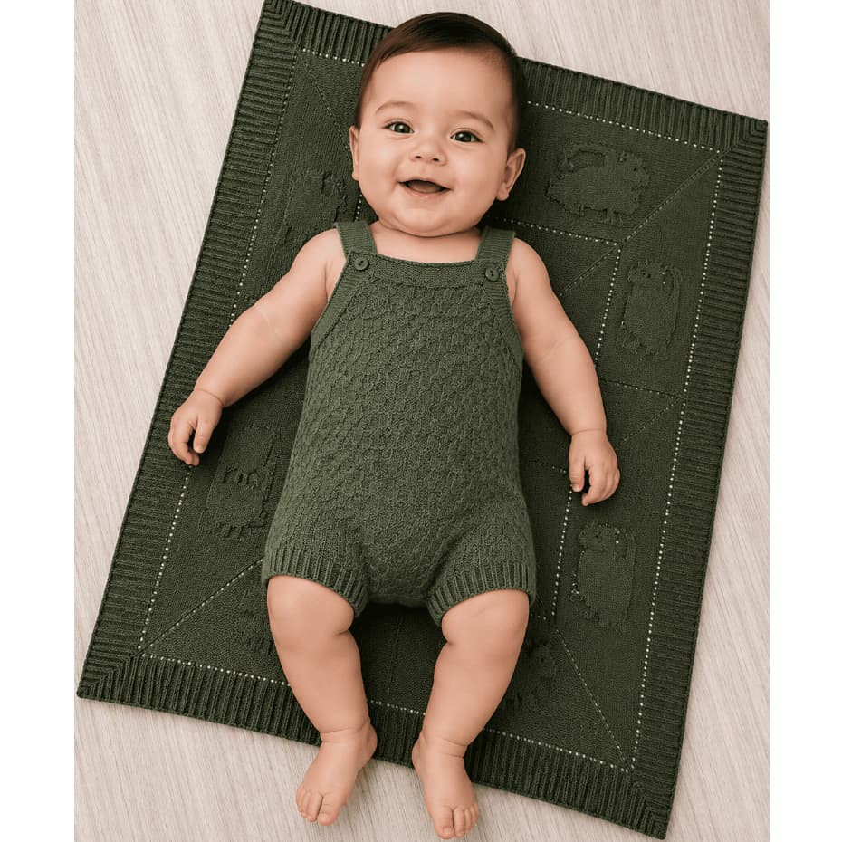 Kit Romper Jardineira Bebê em Tricot + Manta Safari Saída Maternidade Enxoval Luxo Unissex