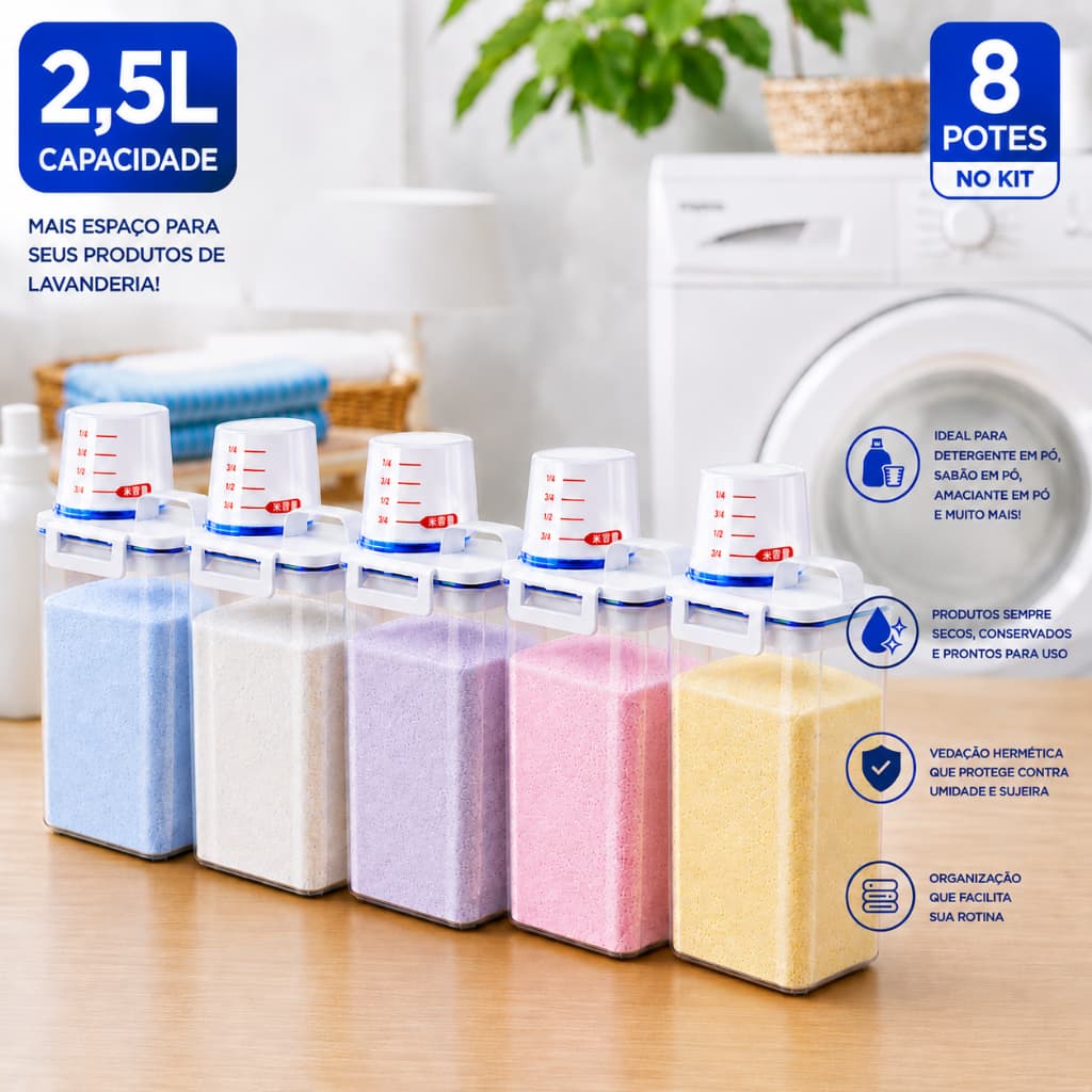 Kit 8 Potes Herméticos 2,5L com Copo Medidor e Bico Dosador Lavanderia Multiuso Organizador Cozinha