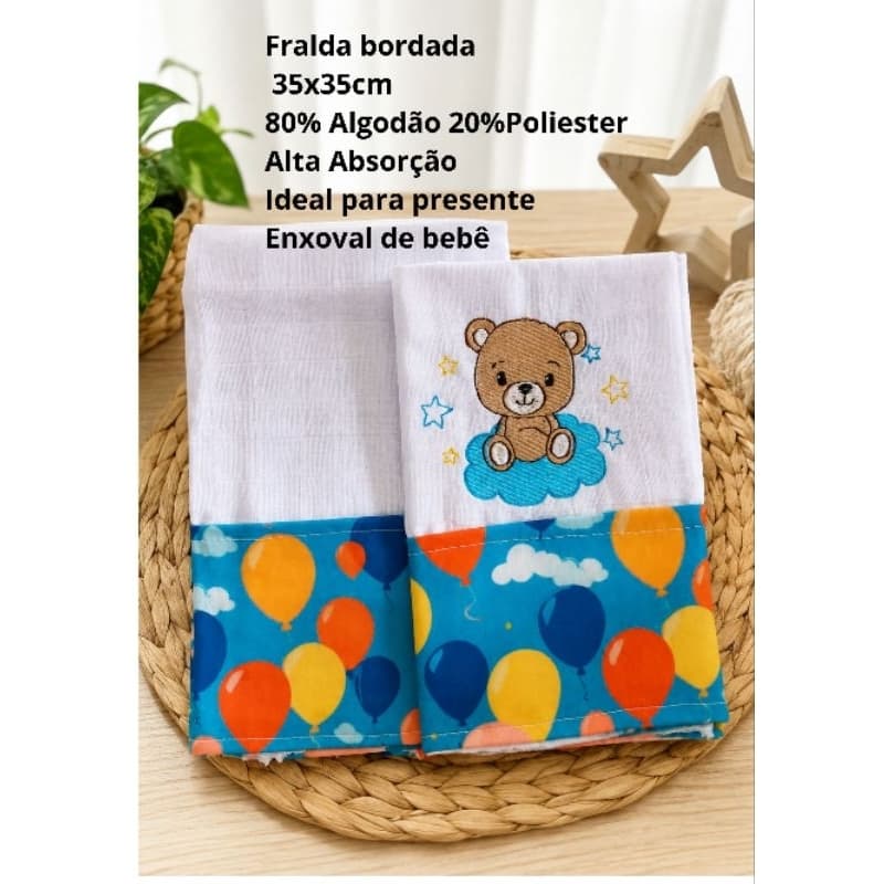 Fralda Bordada para Bebê 35x50 cm | 100% Algodão | Ursinho | Fraldinha de Boca | Presente para Recém-Nascido