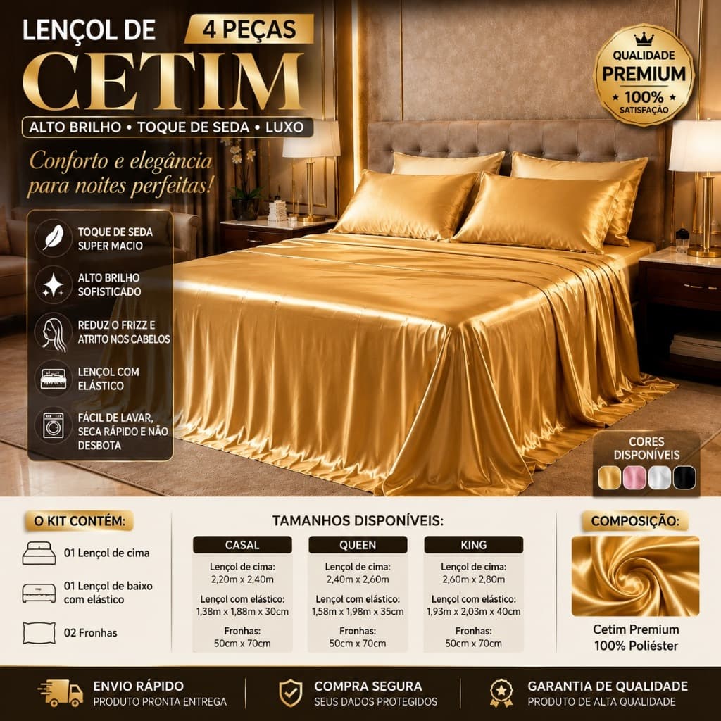 Jogo de Cama Cetim 4 Peças Tecnologia Anti‑Frizz  Elasticado Brilhoso Luxuoso Casal, Queen King