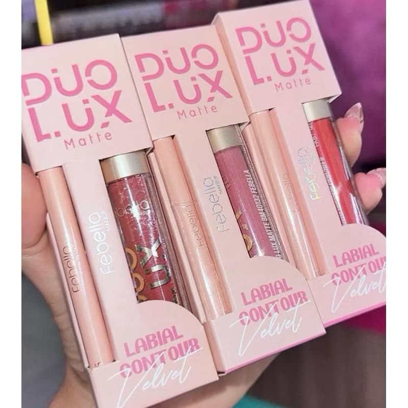 Kit Duo Lux Matte Febella – Batom Líquido Matte + Lápis Labial Contorno Velvet
