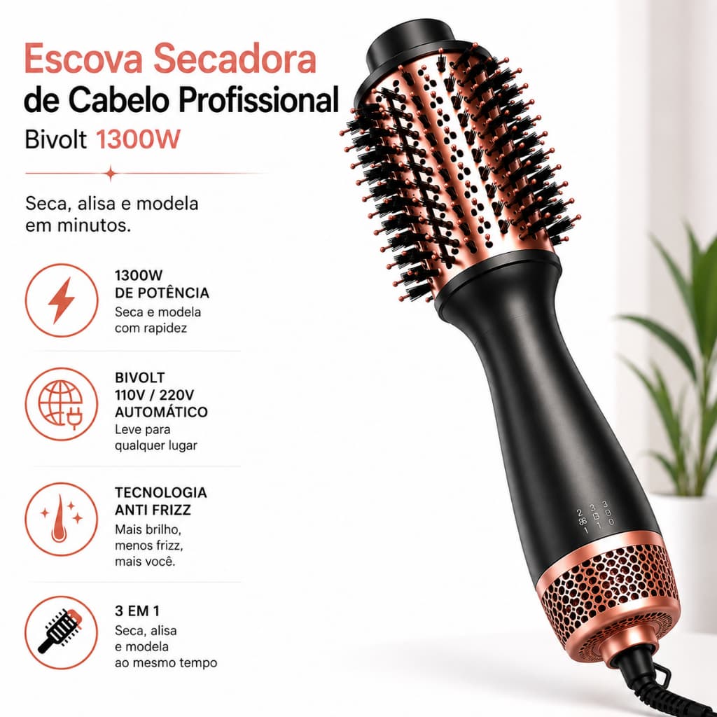 Escova Secadora de Cabelo Profissional 1300W Bivolt Alisa Seca Modela Anti Frizz