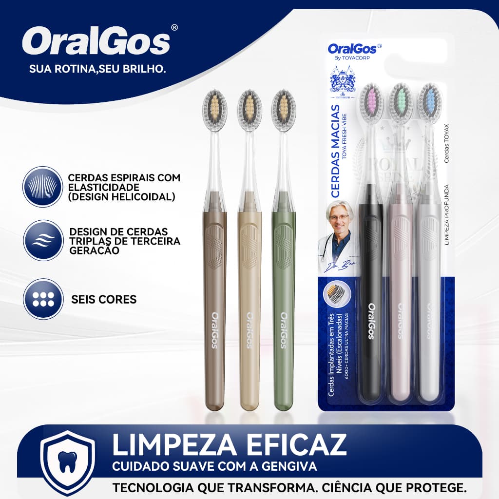OralGos Escova Dental Azeitona,Cerdas Espirais Elásticas, Limpeza por Anéis Concêntricos