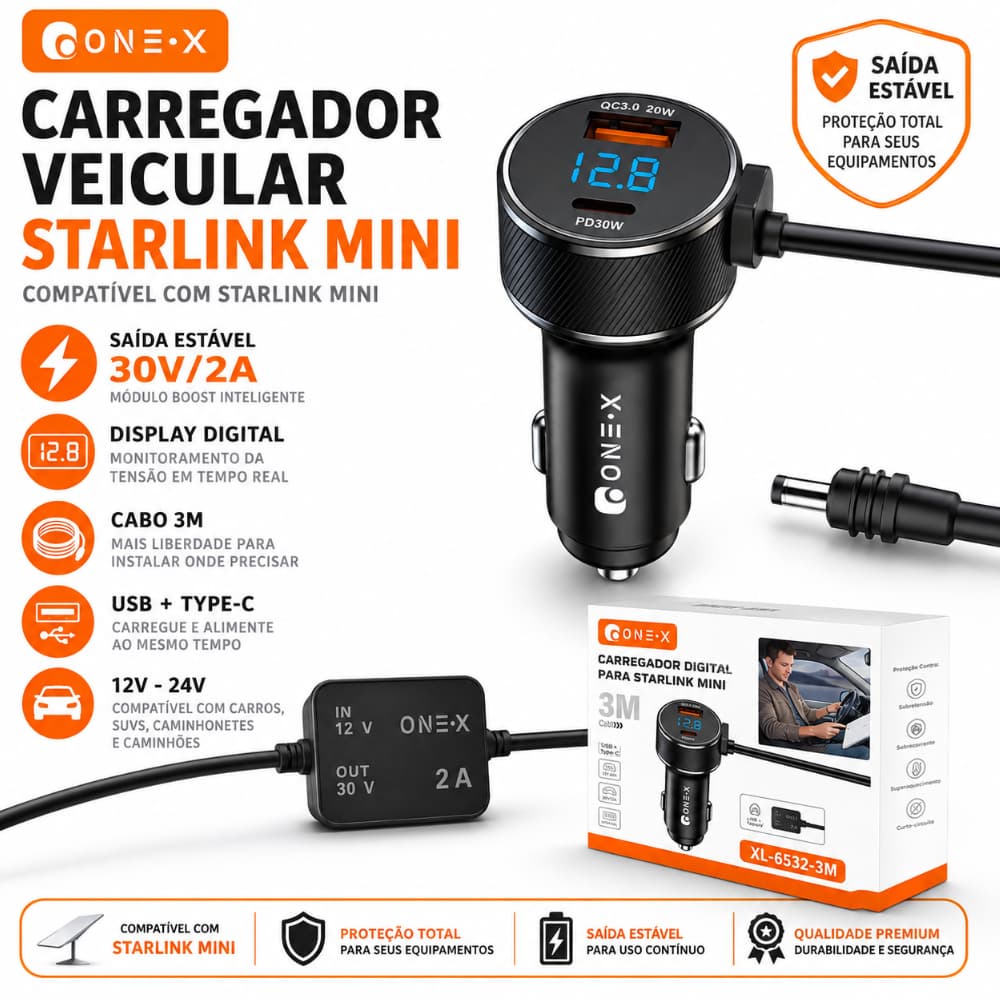 Carregador de carro StarlinkCabo 3 Em 1 Veicular Compatível com Starlink Mini Usb Tipo C 12v 24v QC3.0 20W/PD 30W