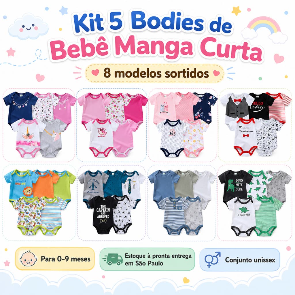 Pjamas De Bebê Kit 5 Bodys Estampado Roupa Bebê Manga Curta Menino e Menina estampa sortida - 100% algodão/suedine