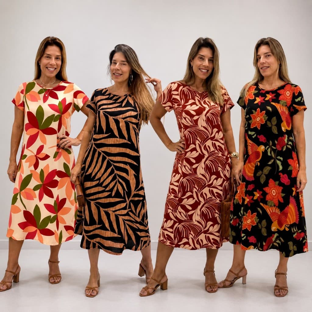 Vestido Longuete em Viscose Estampada com Manga Curta
