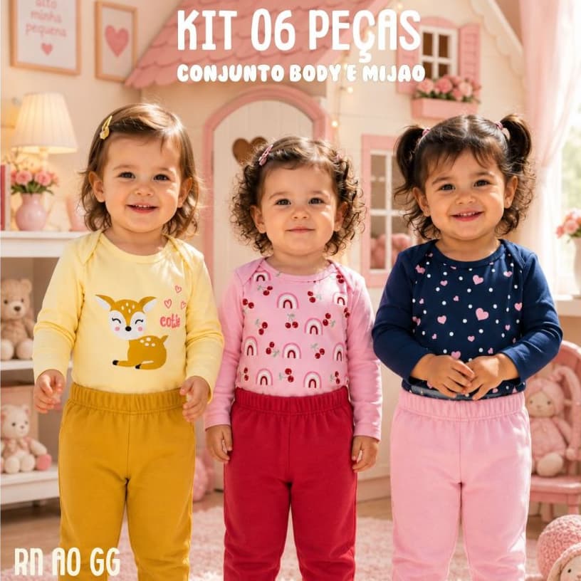 Body Mijão Bebê kit 6pçs Roupa Menino e Menina Algodão, Gola envelope botão de pressão Enxoval  P-GG