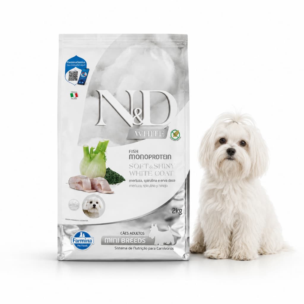 Ração Farmina N&D White Cães Adultos Raças Mini e Pequenas Sabor Merluza, Spirulina e Erva-Doce peixe