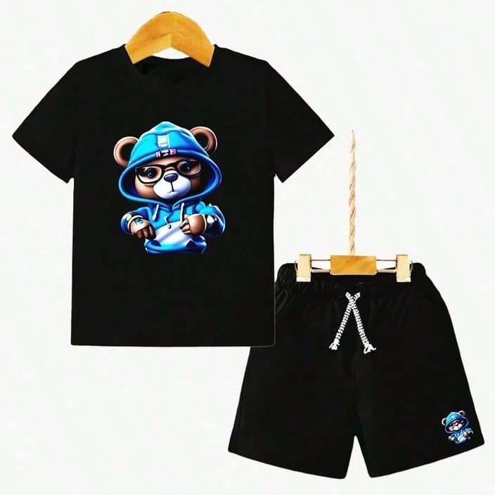 Kit Conjunto Camiseta + Short Conjunto Infantil Urso Moletom Moda