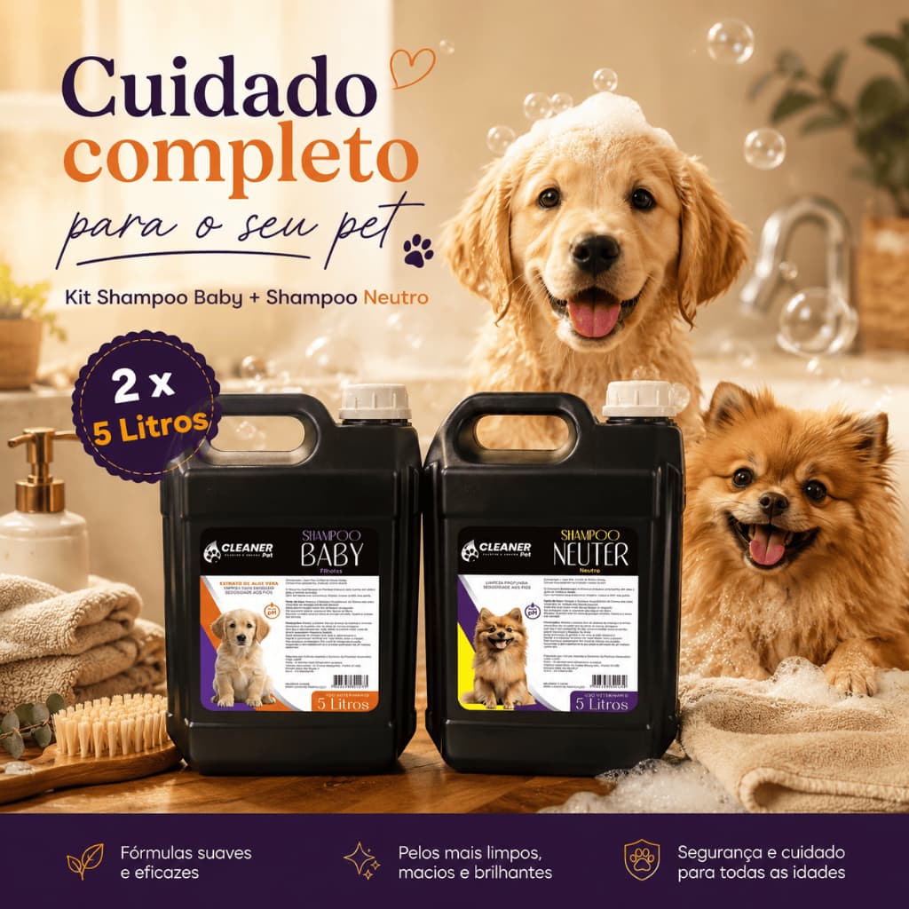 Kit Shampoo Pet Profissional Neutro + Filhotes 5 Litros Shampoo para Cachorro 5 Litros Banho e Tosa Pet Shop Cleaner