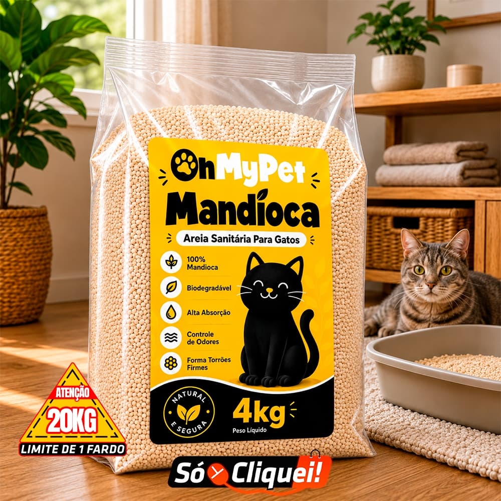 Areia Sanitária de Gato Granulado Higiênico Biodegradável OhMyPet Mandioca 4KG Evita Odores Alta Absorção Forma Torrão