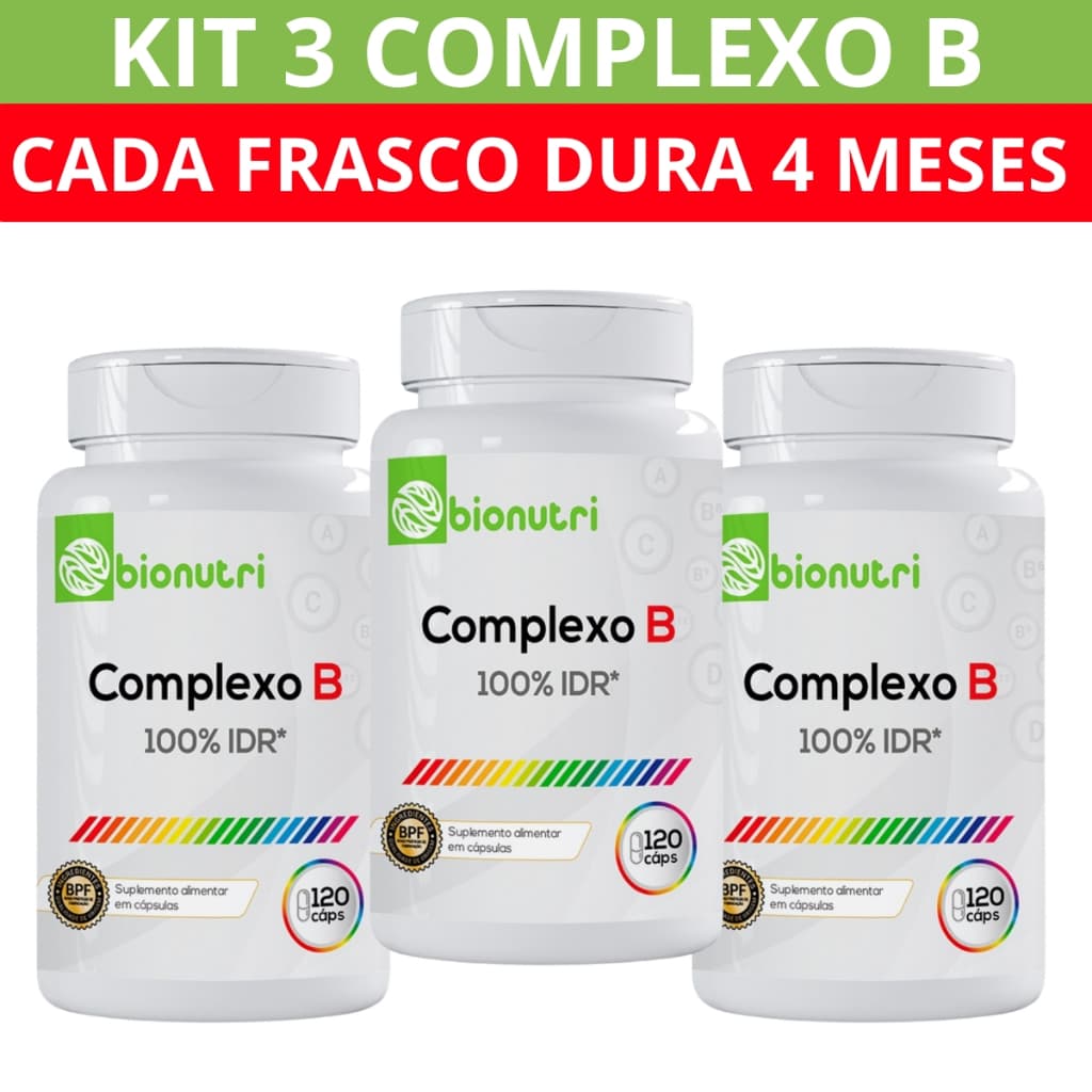 Kit 2 e 3 Complexo B B1 B2 B3 B5 B6 B7 B9 B12 100% Vd Recomendada Vitamina Suplemento 120 Cápsulas