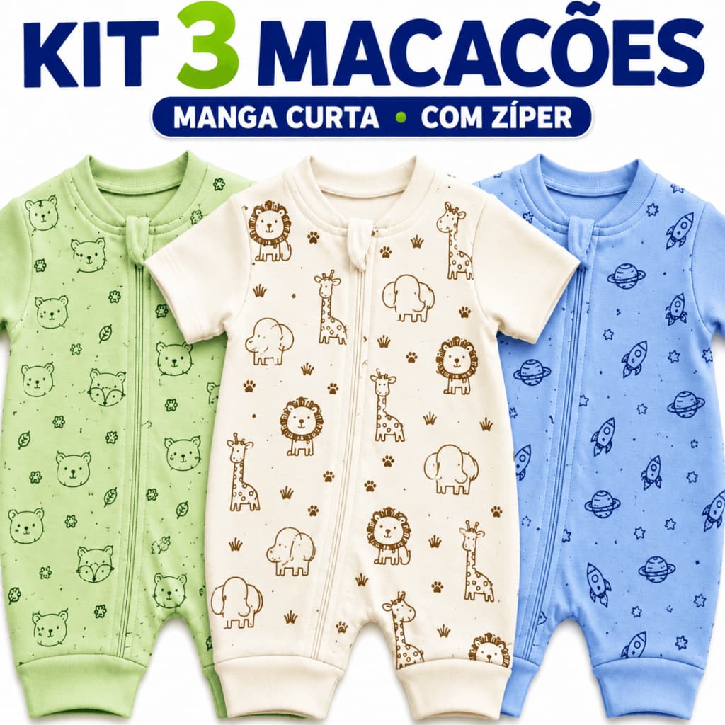 Kit 3 Macacão Bebê Menino Curto Verão Manga Curta Zíper Suedine 100% Algodão Roupa Bebê Enxoval Recém Nascido