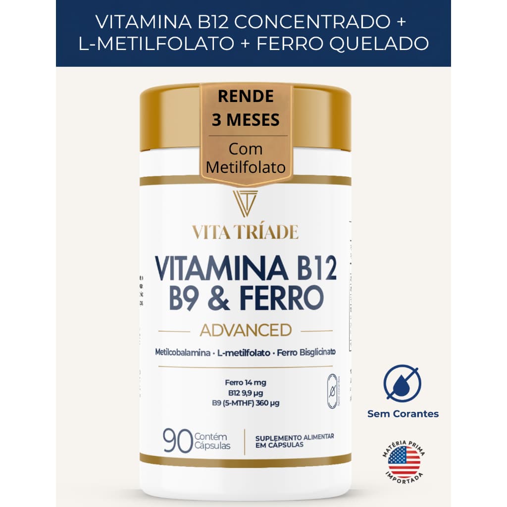 Vitamina b12 Metilcobalamina 412% + Acido Fólico  + Ferro Bisglicinato 90 Cápsulas Rende 3 meses
