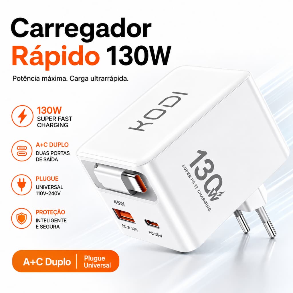 Carregador Rápido 130W Duas Saídas USB A+PD‑C, Tomada Universal 110‑240V Proteção Segura para Celular e Notebook-A3