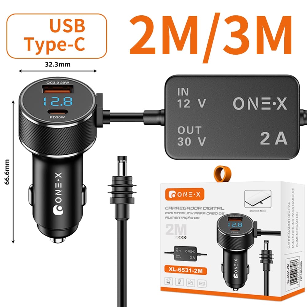 2M/3M Carregador Veicular Starlink Mini 12V/24V com PD30W QC3.0 e Display Digital Type-C e USB