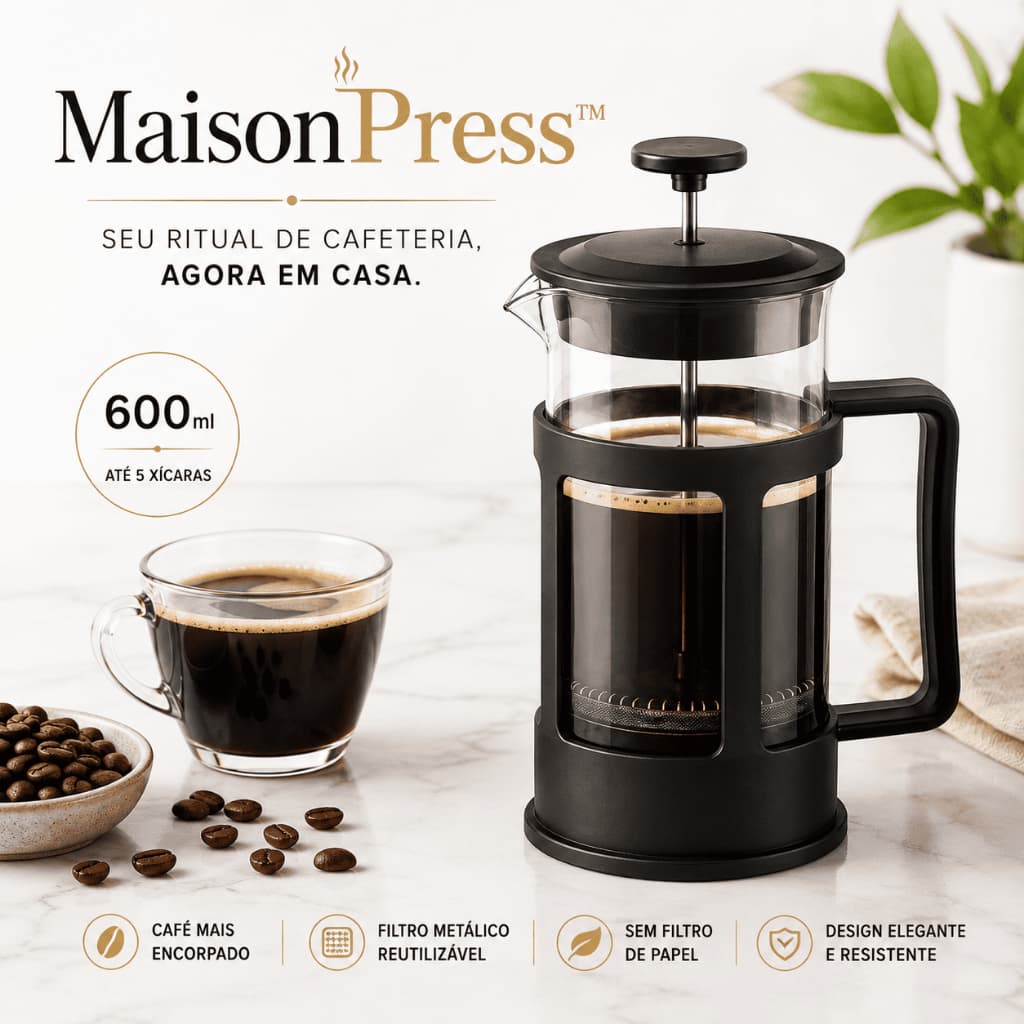 Cafeteira Prensa Francesa MaisonPress™ 600ml com Filtro Reutilizável | Café Expresso Manual French Press Preta