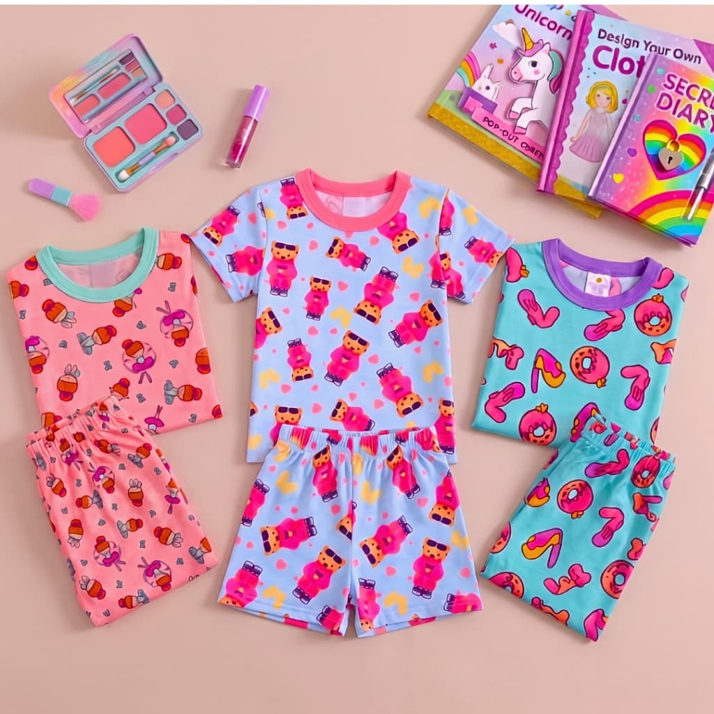 Kit 4 Peças Pijamas Infantis Verão Menina e Bebê Confortável em Algodão 2 Camiseta 2 Bermuda 1 ao 16 Roupa de Dormir
