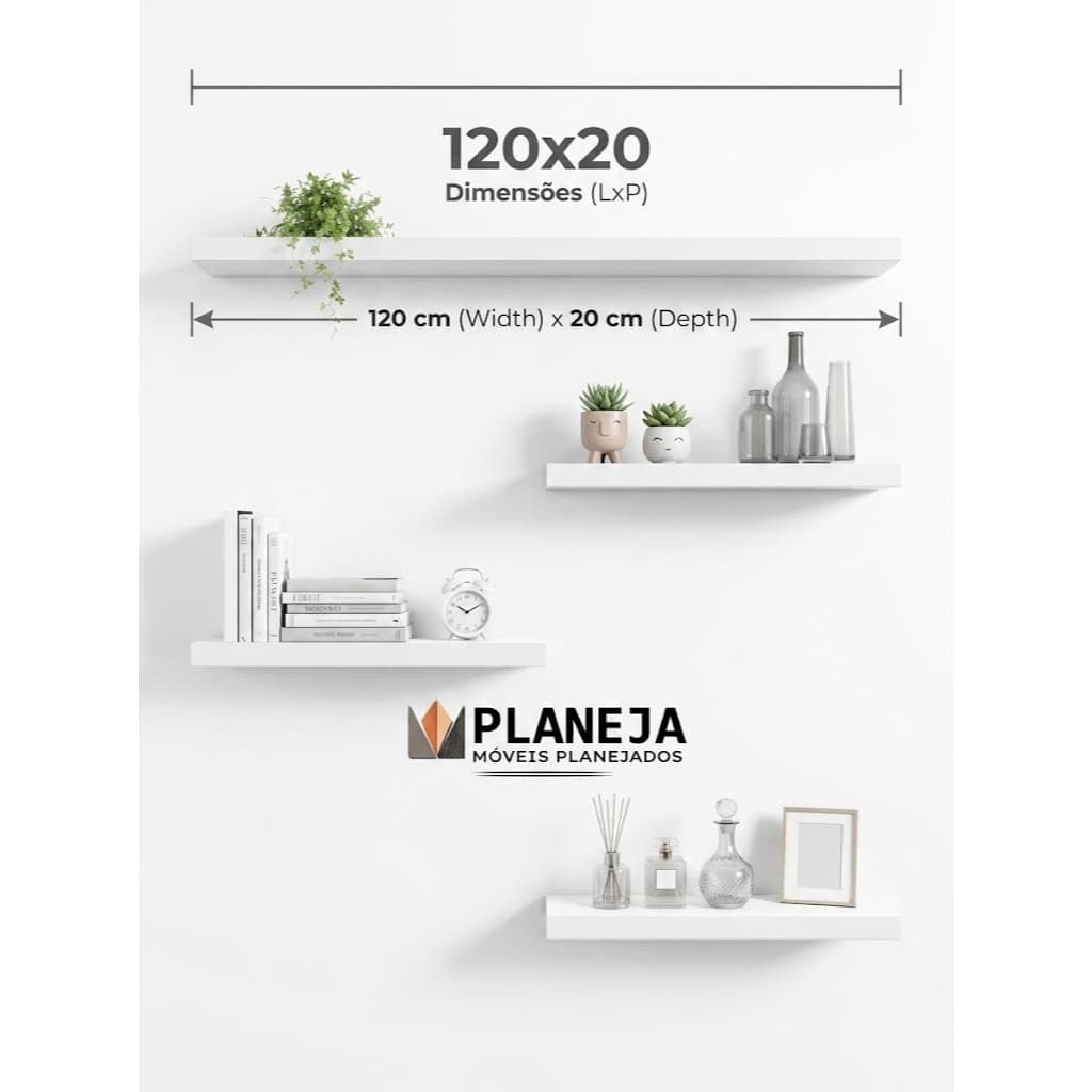 Prateleiras MDF 120x20cm  Branca - Freijó  - Preta 15mm  |  Com ou Sem Suporte Invisível | Parede