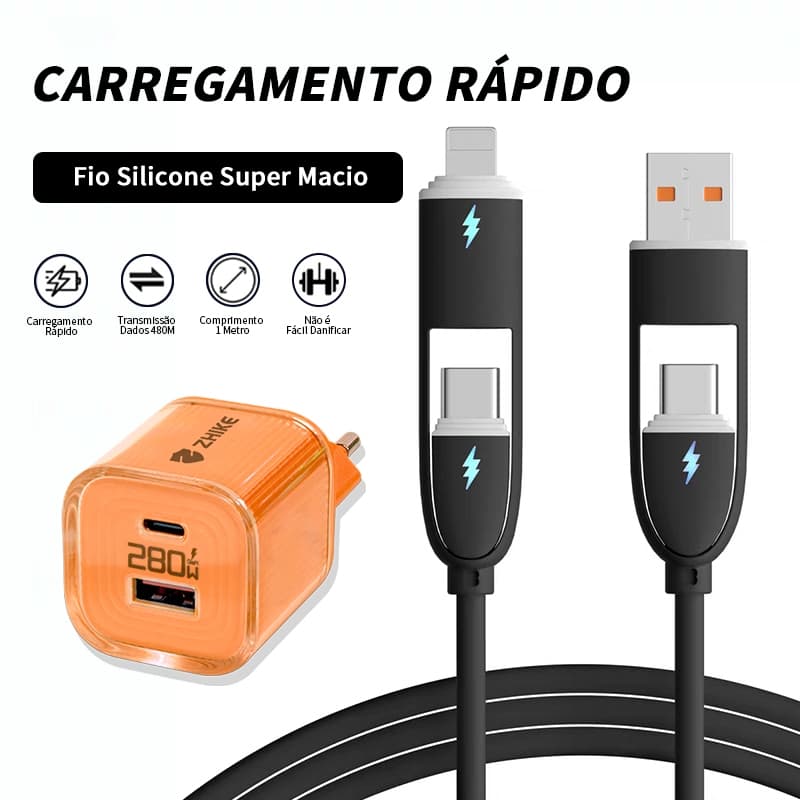 Cabo Celular Carregamento Rápido Carregador 4 em 1 USB Tipo C Para Tipo C 1M Silicone Com Adaptador GaN