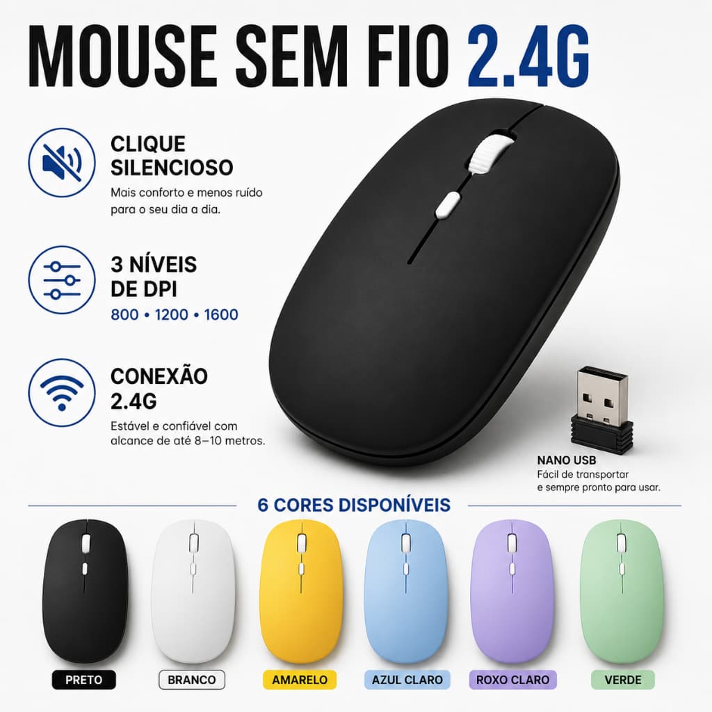 Mouse Sem Fio 2.4G Silencioso com 3 Níveis de DPI 800-1600 Receptor Nano USB Design Ergonômico