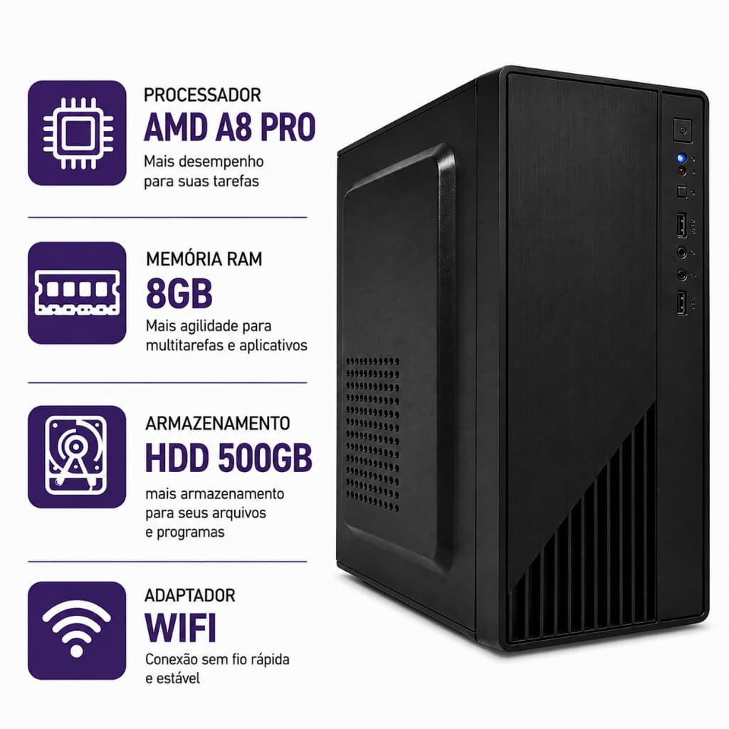 Desktop Novo Computador AMD A8 Pro 8Gb Ram Ddr3 HD 500Gb Cpu Torre Com Wifi Cabo De Força
