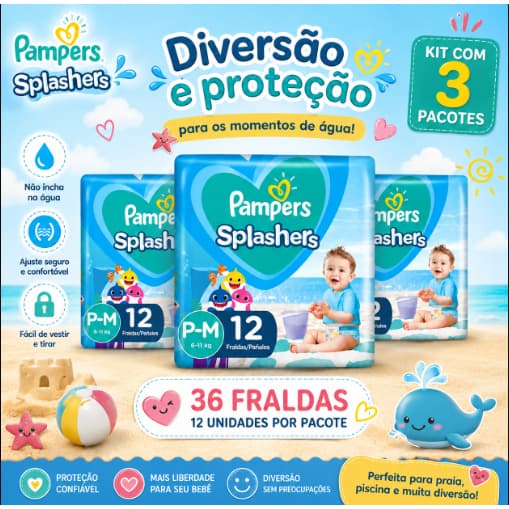 Kit 3 Fralda Piscina Praia Pampers Splashers P-M 12 unidades