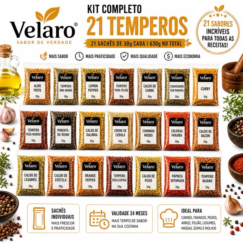 Seleção de Temperos para Carnes Frango e Feijão Kit 21 Sabores 30g Cada 630g Condimentos e Especiarias