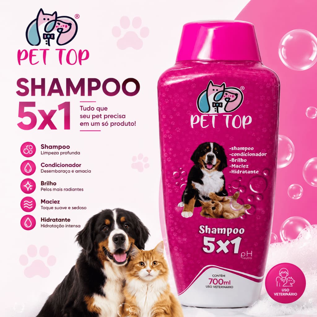 Shampoo 5 em 1 Pet Top 700ml para Cães e Gatos – Condicionador, Brilho, Maciez e Hidratação
