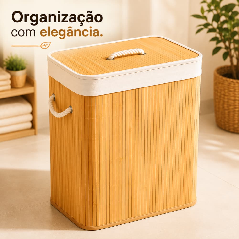 Cesto de Roupas Suja Organizador Bambu 70L com Tampa e Alça Lavanderia Banheiro Várias Cores Premium