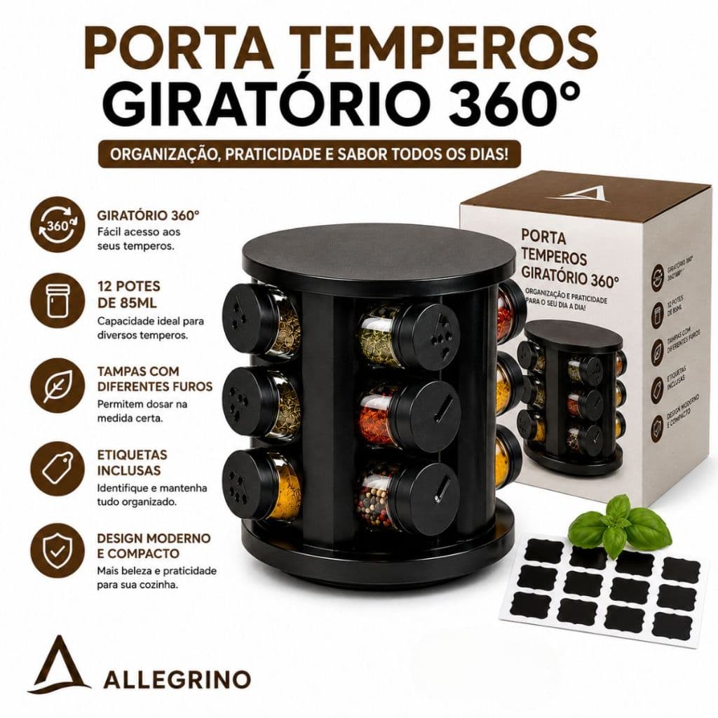 Porta Condimentos Giratório Para Temperos 12 Potes Vidro Organizador Tampa De Plástico Dosadora