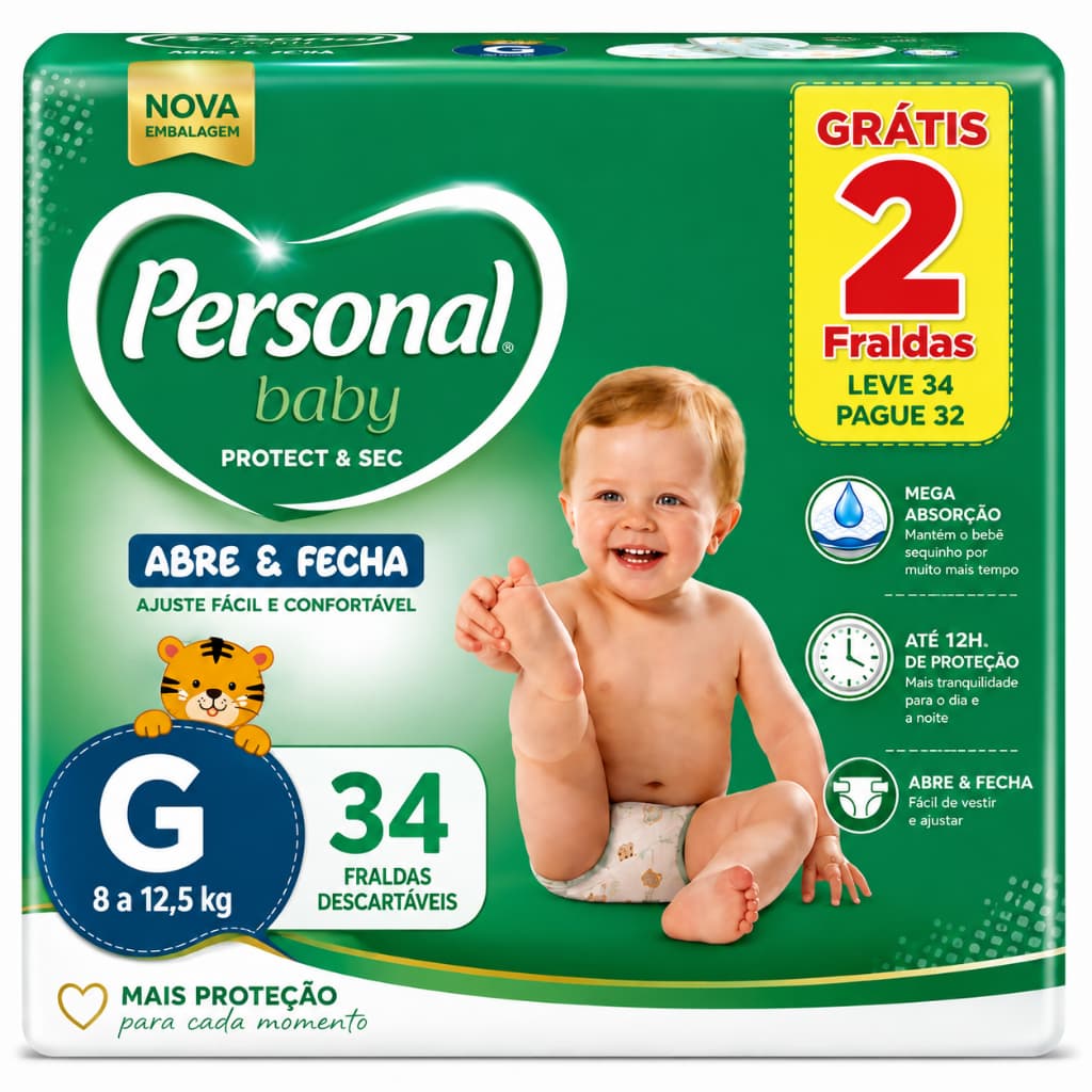 Fralda Personal Baby Protect & Sec Tamanho G 34 Unidades 8 a 12,5kg Descartáveis Abre e Fecha Mega Absorção