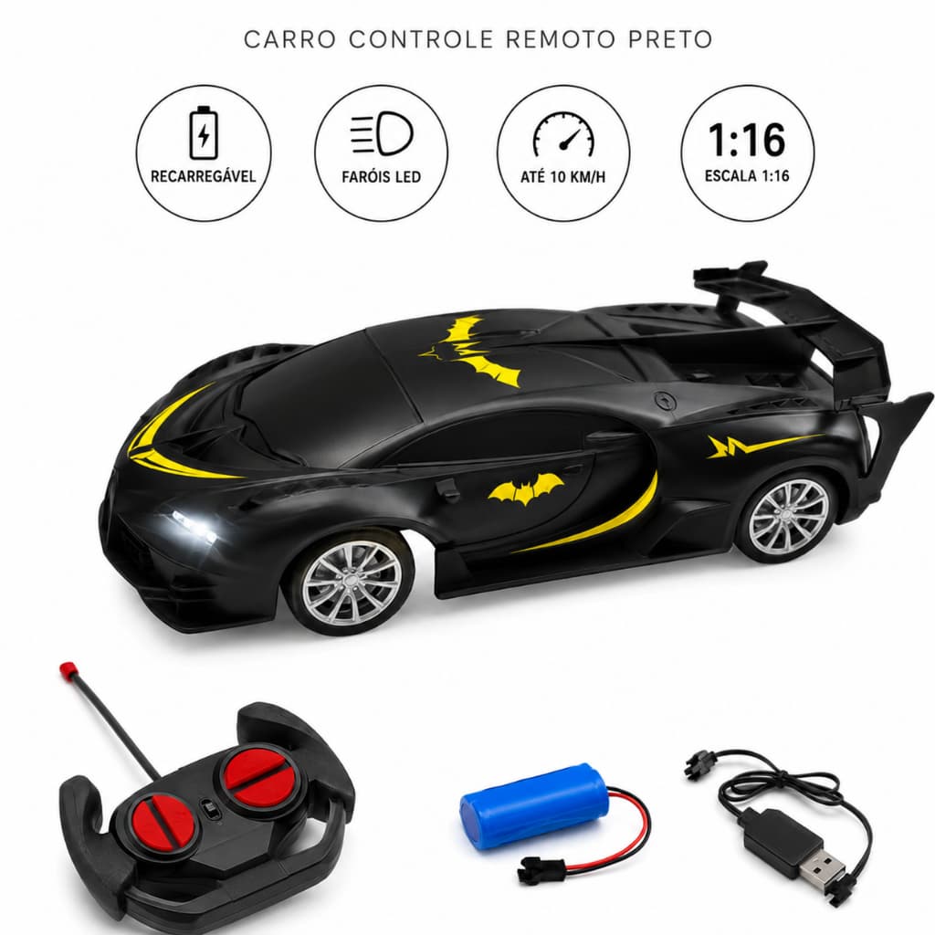 Carrinho Controle Remoto Batman e Hulk Recarregável 1:16 24cm 10km/h Faróis LED Plástico e Metal Infantil 4 Direções