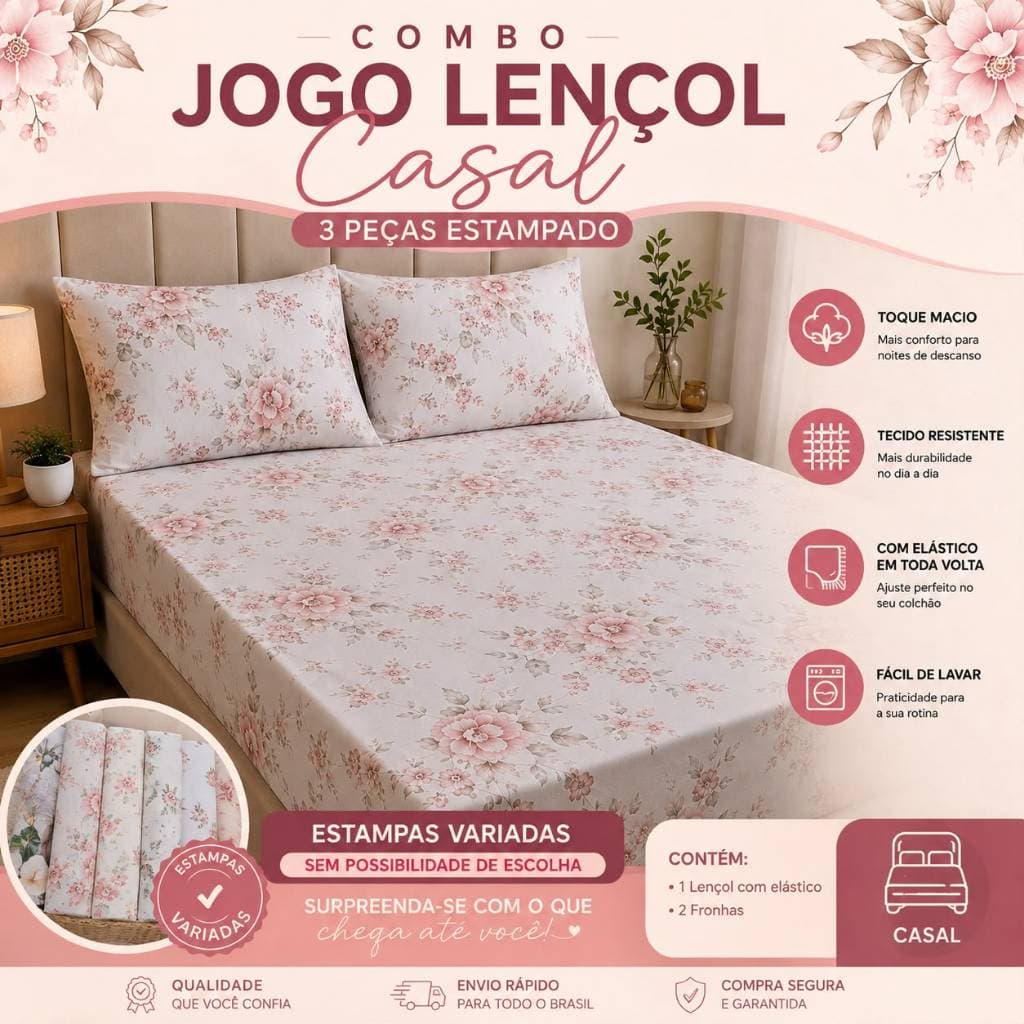 Jogo De Lençol Casal Padrão 3 Peças Estampado Com Elástico Toque Macio
