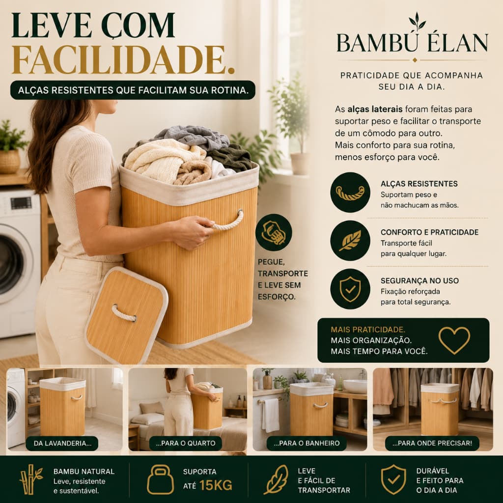 **Cesto de Bambu 70L com Tampa e Alças | Cesto de Roupa Suja Organizador para Lavanderia, Quarto e Banheiro | Cesto Orga