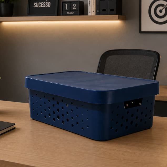 Caixa organizadora com tampa 11 litros azul escuro organizador sala cozinha banheiro quarto escritório
