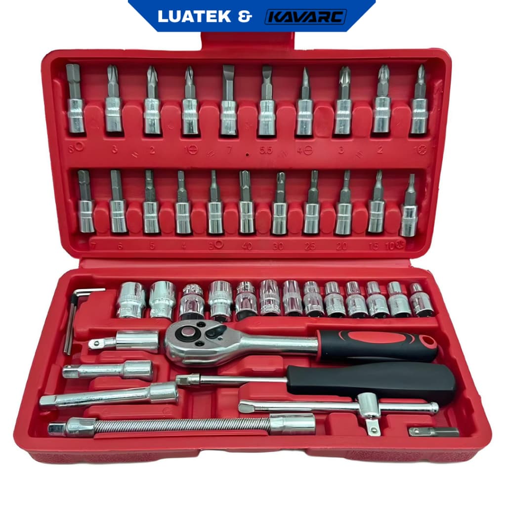 Kit de Ferramentas 46 Peças Jogo de Soquetes 1/4" Chave Catraca Bits Aço CR-V LUATEK