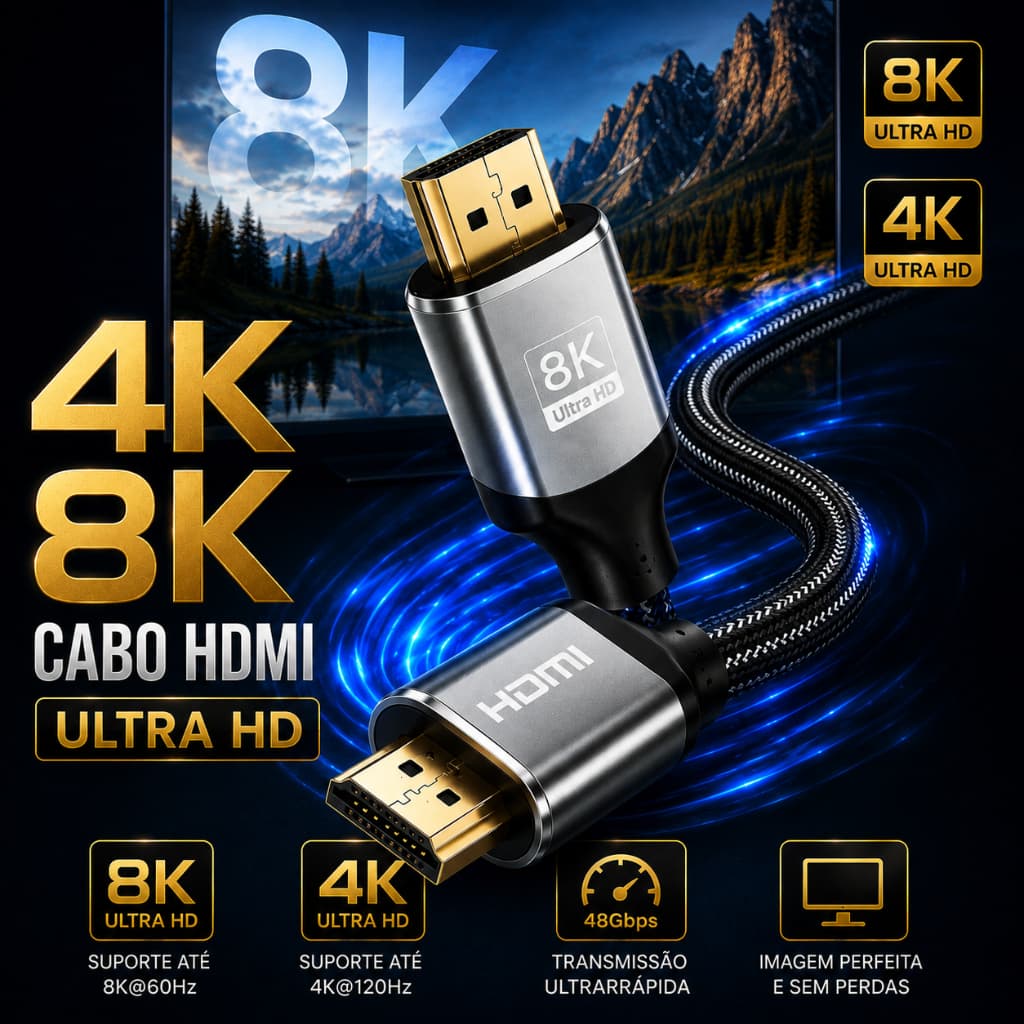 Cabo HDMI 4K 120Hz 8k 60hz Ultra Hd 2.1 Gamer Blindado 1.8M High Speed Trançado Flexivel Para TV Smart Monitor PS4 PS5