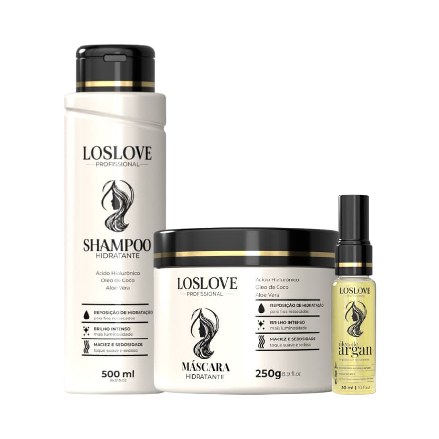 Kit Shampoo Hidratante 500ml + Máscara 250gr + Oléo de Argan 30ml Reparador de Pontas