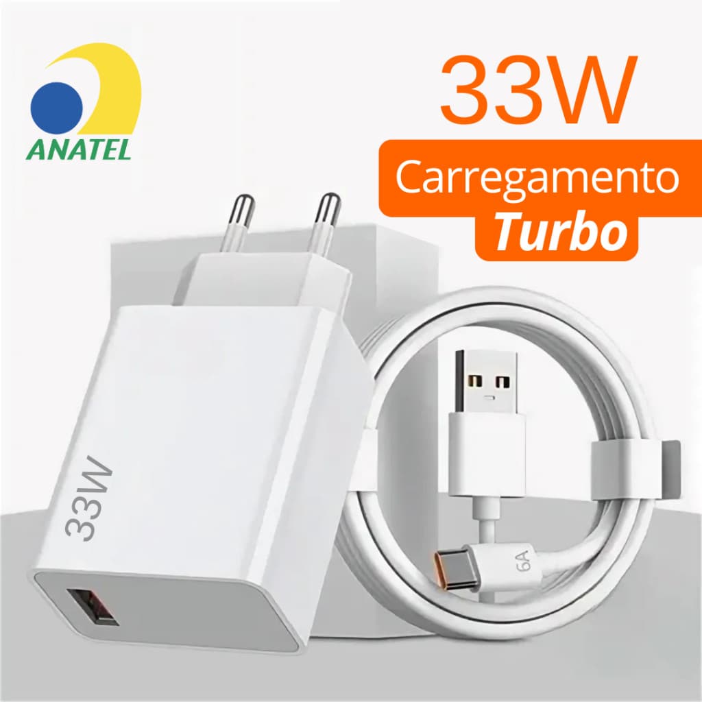 KIT Carregador Cabo e Fonte Turbo 33W PD Celular Xiaom Red Poco Realm USB-C TIPO C Carregamento Super Rápido