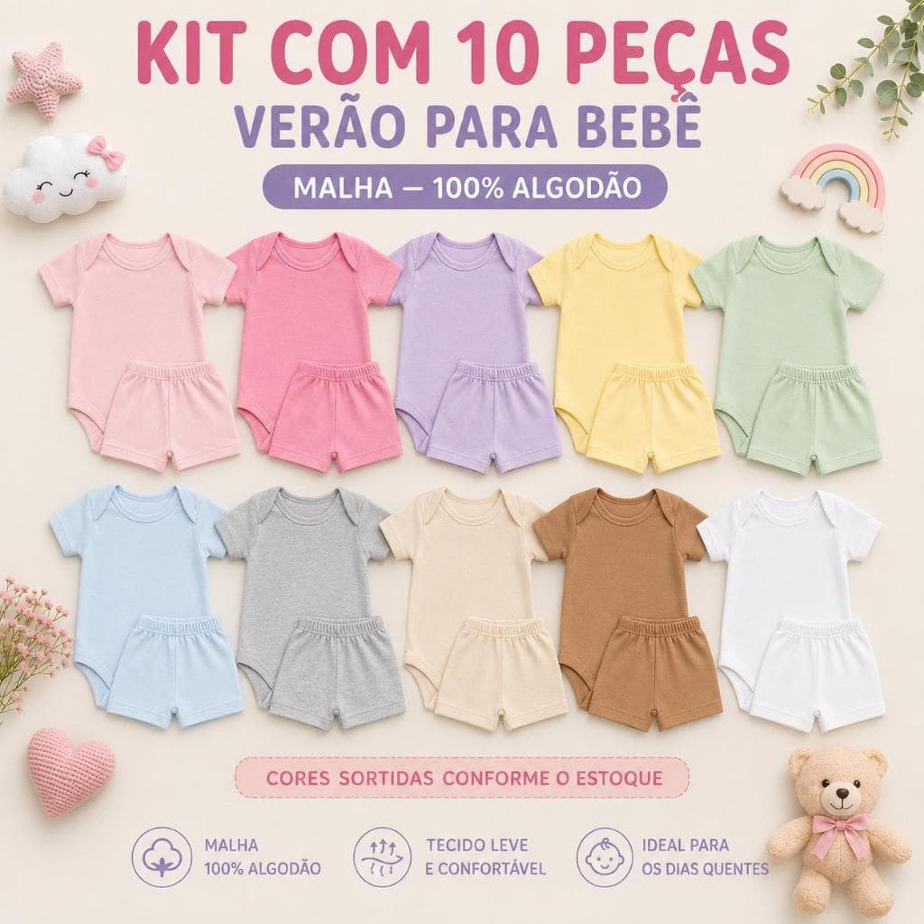 kit enxoval infantil verão 10pecas body manga curta e shorts de bebe menino menina unissex